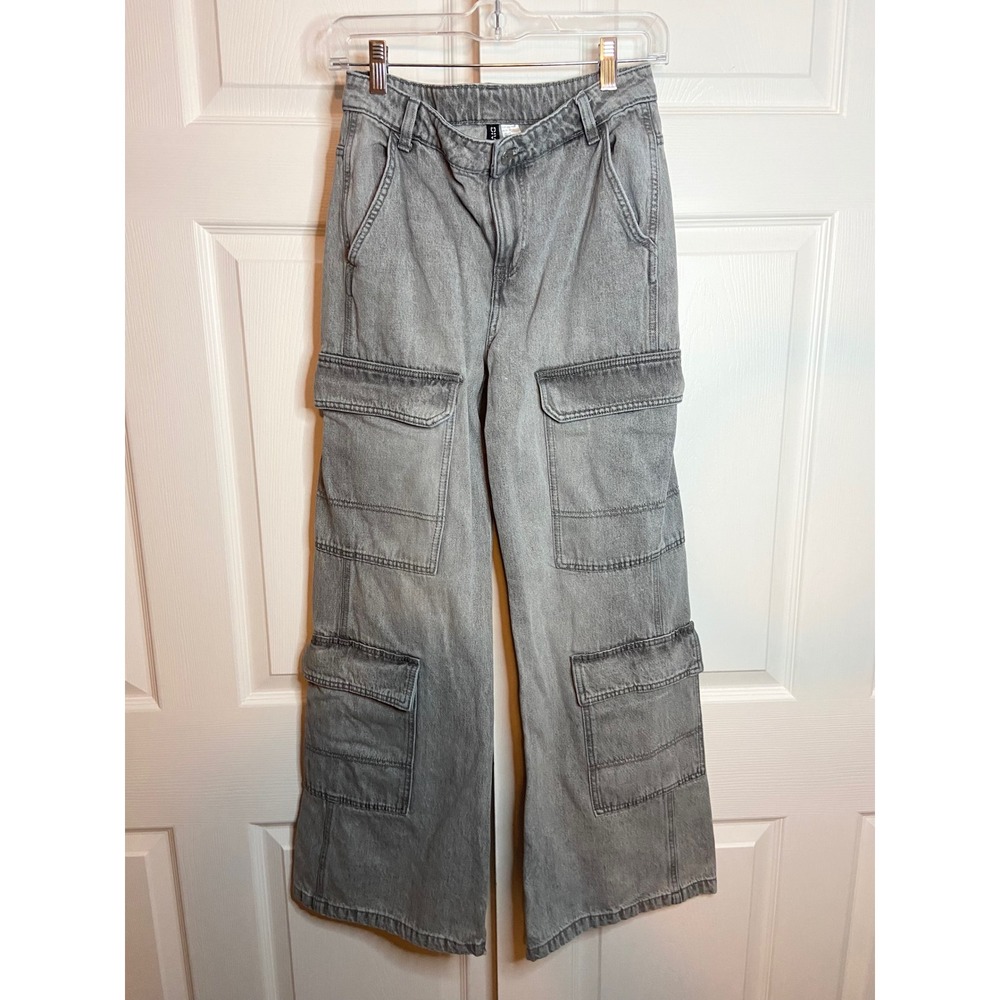 H&M Divided Womens Grey Wide Leg Cargo Jeans High Waisted Multi Pocket Size 2